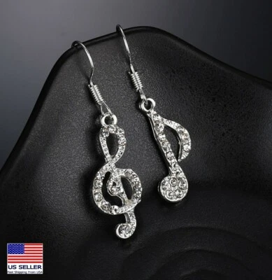 Women Bling Crystal Tassel Earrings Asymmetric Music Treble Bass Clef Stud 0552 - Image 1 of 4