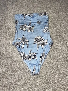Pretty Little Thing One Piece Swimsuit Blue White Stripes Floral Womens Sz 4 NWT - Picture 1 of 6