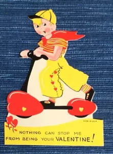 Vintage Boy Scooter Unused Die Cut Valentine Day Card USA 5" ~755 - Picture 1 of 2