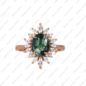 Moss Agate &CZ Halo Ring, 925 Sterling Silver Gold Plated Gift For Her Wedding - Picture 1 of 5