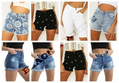 Ladies Women Embroidered Ripped Floral Stretch Denim Hot Pants Jeans Shorts - Image 1 of 4