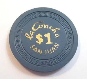Antiguo $1 LA CONCHA Hotel Casino AZUL Chip y DORADO Ht Stp CONDADO Puerto Rico Llave Pequeña - Imagen 1 de 2