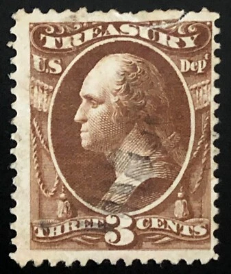 US 1873 #O74 Brown 3c Treasury Dept Official Tear at Top Used - Image 1 of 3