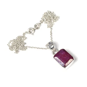 925 Solid Sterling Cut Simulated Ruby Chain Pendant- 19 INCH S648 - Picture 1 of 4