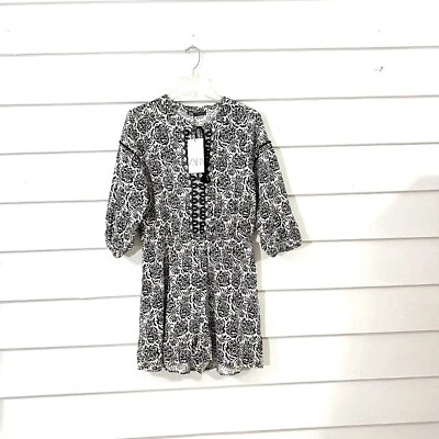 Nuevo Mameluco ZARA Mujer Negro Blanco Estampado Floral Mezcla de Lino Borla Talla L Y1009 Foto 1 de 4