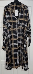 ZARA BLACK ECRU OVERSIZED CHECK PRINT COLLARED SHIRT DRESS WITH BOW SIZE S - Picture 1 of 12