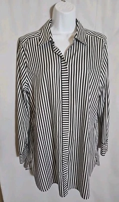 Blusa Camisa Chicos Sin Hierro Top Largo Túnica Talla 1 Negro Blanco Rayas Algodón Foto 1 de 4