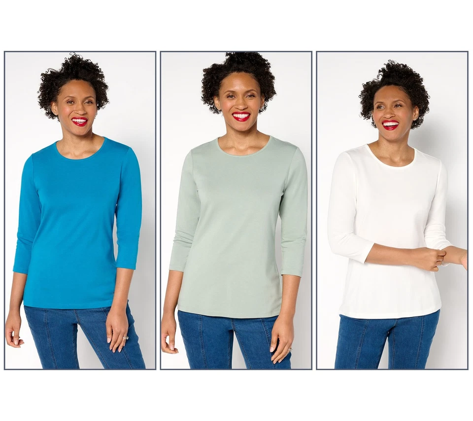Denim & Co. Essentials So Soft Jersey 3-Pack Round Neck Tops Teal/AlpFst/Wht M N - Image 1 of 1