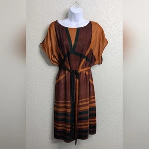 Max Studio Velvet Brown Green Striped Shift Dress Tie Waist Short Cap Sleeves L - Picture 1 of 12