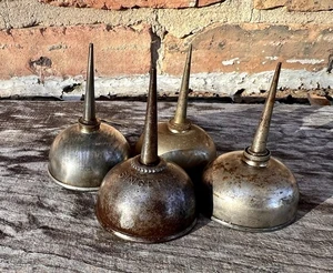 Vintage Lot of 4 Metal Tin Oil Can Squirter Mini Thumb Pump Oiler Domed - Picture 1 of 19