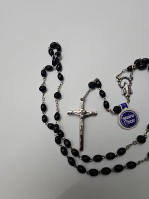 Vintage Coco Rosary Genuine Black Coco Beads Cross Marked Italy - Image 1 of 4