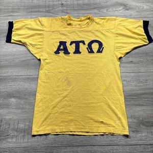 Vintage 1970s Yellow Navy Ringer Jersey Style Frat Patch Shirt Medium - Picture 1 of 14