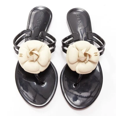 CHANEL cream rubber CC logo camellia black rubber thong slippers EU36 - Image 1 of 4