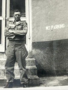 Vintage Photo Military Man Standing By Steps And Door No Parking Sign 3.5” BW - Picture 1 of 3