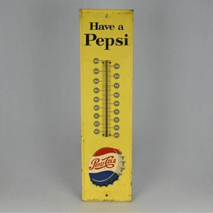 VTG Have a Pepsi Cola Embossed Soda Cap Yellow Metal Thermometer Ad Sign 27" - Picture 1 of 16