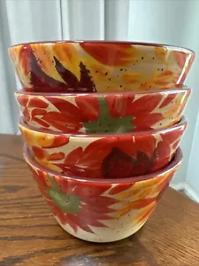Pfaltzgraff Abendsonne 4er Set Schüsseln 6"" x 3-1/2"" handbemalt rot Sonnenblume - Bild 1 von 5