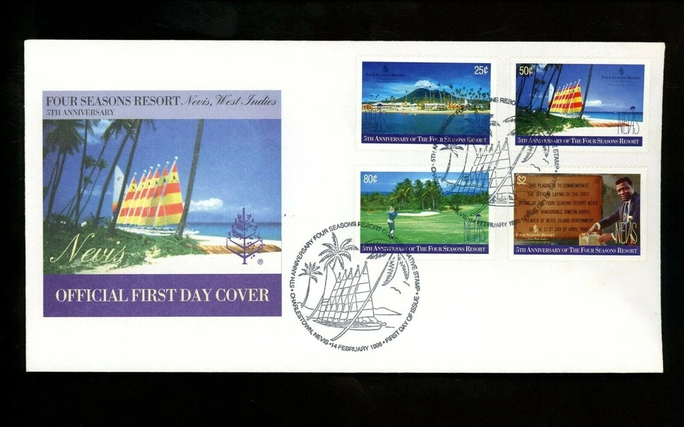Postal History Nevis FDC #948-951 Four Seasons Resort sailing golf 1996 - Image 1 of 2