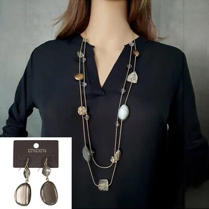Chicos Jewelry Set Layered Gold Faux Stone Station Necklace + Dangle Earrings - Picture 1 of 14