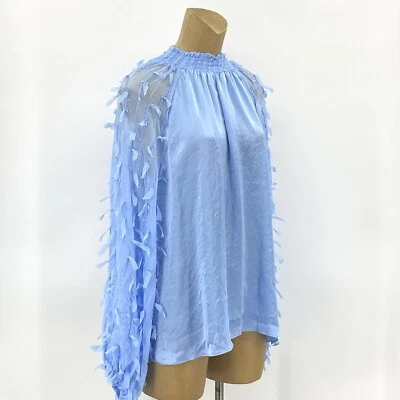 Cato 22/24 2X Blue Sheer Textured Fringe Sleeves Mock Neck Plus Top Shirt Womens - Image 1 of 4