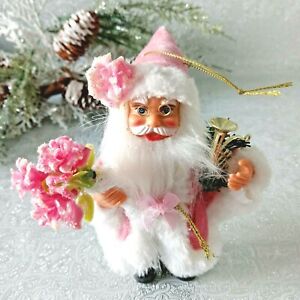 Pink Santa Christmas Ornament Shabby Cottage Chic Glittered Roses Velvet Suit