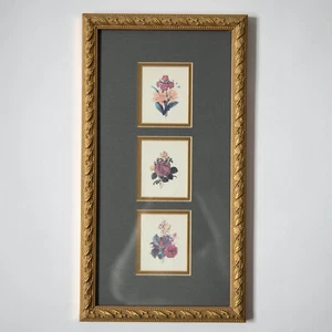 Vintage Triptych Miniature Floral Botanical Prints Gold Framed & Matted 8" x 15" - Picture 1 of 6