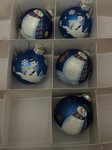 Set Of 5 Christmas Snowman Ornaments Glitter Blue White Glass Rauch Snow Flake - Picture 1 of 8