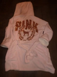 VICTORIAS SECRET PINK RARE FIND BLING BLING SEQUIN FLEECE DOG HOODE ROBE - Picture 1 of 4