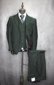 Traje formal para hombre Vitali de ajuste moderno 3 piezas verde oscuro a rayas tiza M1532-NP-PK - Imagen 1 de 10