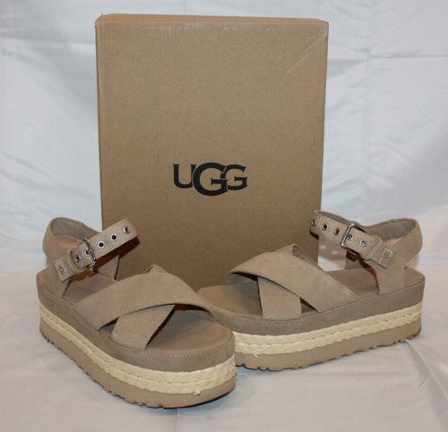 Sandali donna Ugg Aubrey nuovi con scatola plateau alla caviglia scamosciati sabbia taglia 10