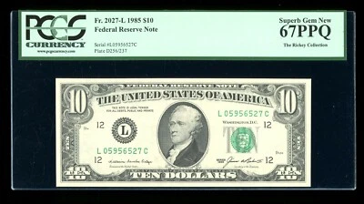 DBR 1985 $10 San Francisco Fr. 2027-L Superb Gem PCGS 67 PPQ Serial L05956527C - Image 1 of 2