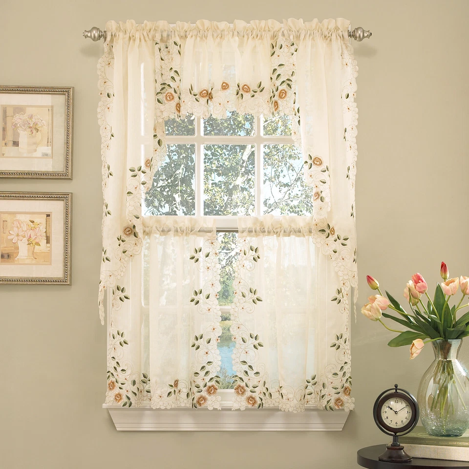 Floral Embroidered Semi-Sheer Linen Kitchen Curtain Choice Tier Valance or Swag - Image 1 of 1