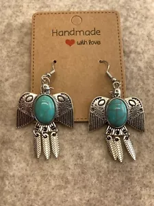 Southwestern Style Bird Turquoise Color Stone Dangle Earrings - New - Picture 1 of 7