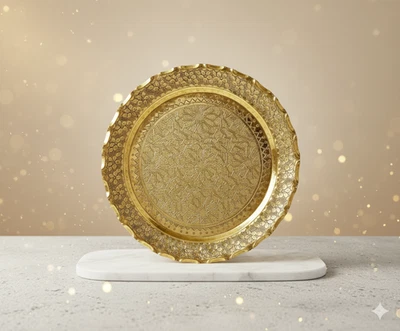 100% REIN KUPFER Zierteller Syrien | Handgraviert Gold-Optik | Deko Platte - Bild 1 von 4