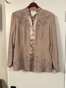 Karin Stevens Women's Taupe Button Up Embroidered Floral Blazer & Skirt SZ 10 - Picture 1 of 12