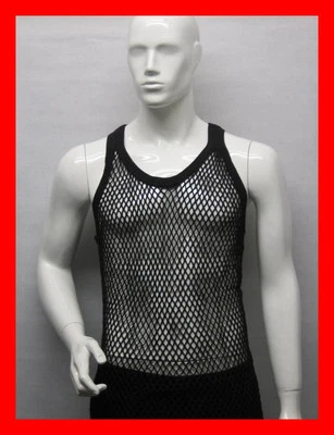 Men's Fitted in Black 100% Cotton String Vest Mesh Fishnet Muscle Tank Top - Image 1 of 2