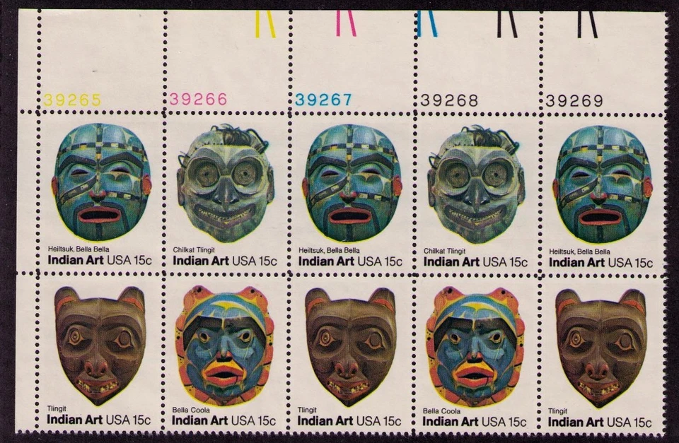 US USA Sc# 1837a MNH FVF PLATE # BLOCK Indian Mask Art Chilkat Tlingit Heiltsuk - Image 1 of 1