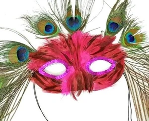 Mardi Gras Masks Fuchsia Feather Pink Sequins With Peacock Feathers Halloween - Picture 1 of 6