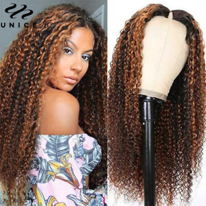 Peruvian Ombre Balayage Brown Curly V Part Human Hair Wig Glueless Lace Wigs 12A