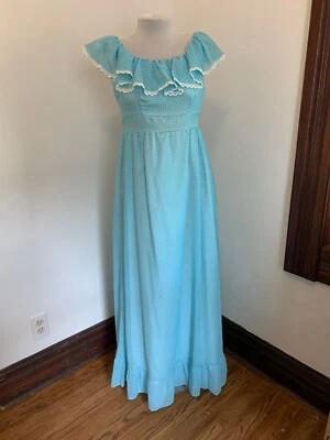 VTG 70s Boho Maxi Dress Blue Polka Dot Prairie Country Ruffle Gunne Handmade - Image 1 of 4