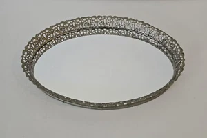 Vintage Vanity Oval Gold Tone Mirror Dresser Tray 9.5" x 13.5” Velvet Back - Picture 1 of 8