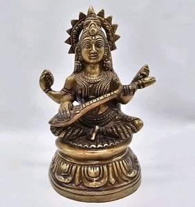 Saraswati Hindu Goddess Deva Seated on Lotus Playing Veena Guitar Brass Statue - Picture 1 of 12
