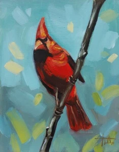 Original Oil Painting Bird Red Cardinal 5x4 inches Impressionism - Picture 1 of 4
