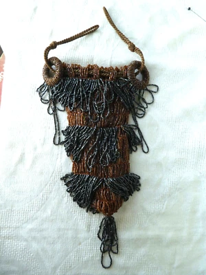 Art Deco Beaded Antique 1920s Drawstring Bag Purse. Black Brown Flapper Fringe - Image 1 of 4