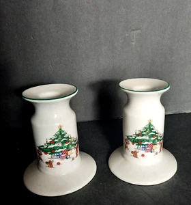 Christmas Taper Candle Holders Xmas Tree With Animals Set 2 Vinatge - Picture 1 of 5