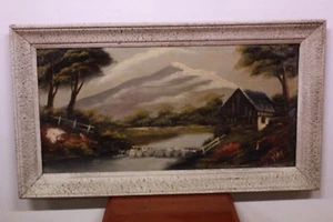 Dipinto olio su tela con cornice raffigurante paesaggio alpino con casa e fiume - Picture 1 of 5