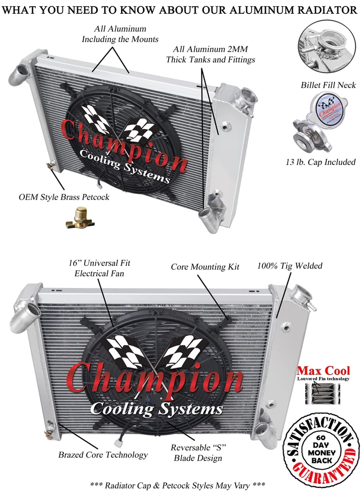 Radiador 4 filas RS Champion con ventilador de 16" para Chevrolet Corvette 1966 67 1968 motor V8 Foto 1 de 4