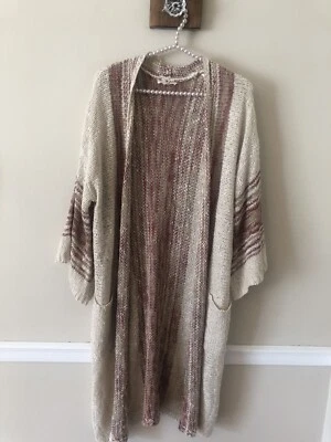 Easel Womens Size M/L Open Front Long Cardigan Sweater Pockets Tan Stripes - Image 1 of 4