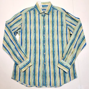 $165 New Ingram Button Casual Shirt Men's Large L Blue Gold Striped LINEN Cotton - Picture 1 of 5