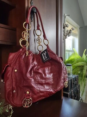 Bolzano Cartera de Cuero Rojo Borgoña Holgado Bolso de Mano Bolso de Hombro Acentos Dorados NUEVO Foto 1 de 4