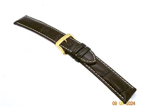 20mm Watch Strap Di-Modell Genuine Leather Alligator Embossed Dark Brown/Gold - Picture 1 of 4